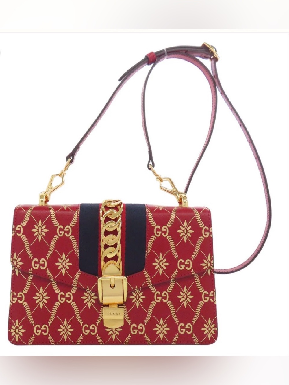 🔥🔥100% Authentic GUCCI Shoulder Leather Bag  Red Sylvie GG🔥🔥